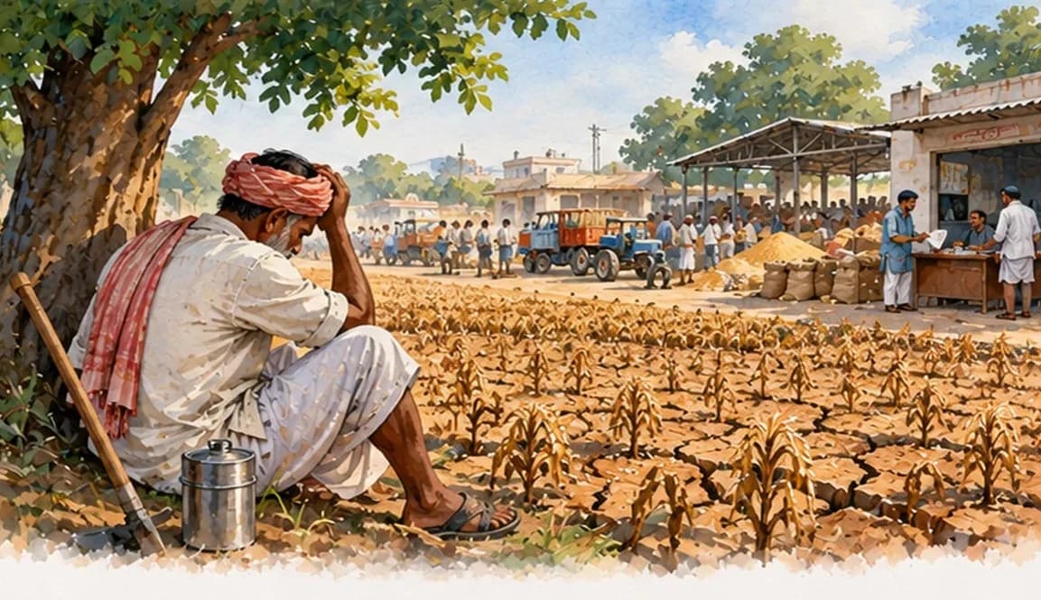 A tired farmer resting under a tree beside a dry field, with a distant mandi and a moneylender's shop