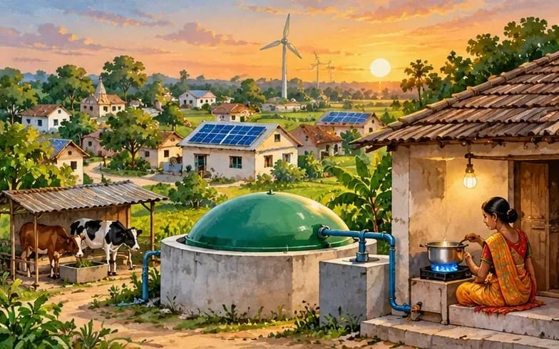 Illustration of a village in Bihar with rooftop solar panels, a wind turbine on the horizon and a household biogas plant