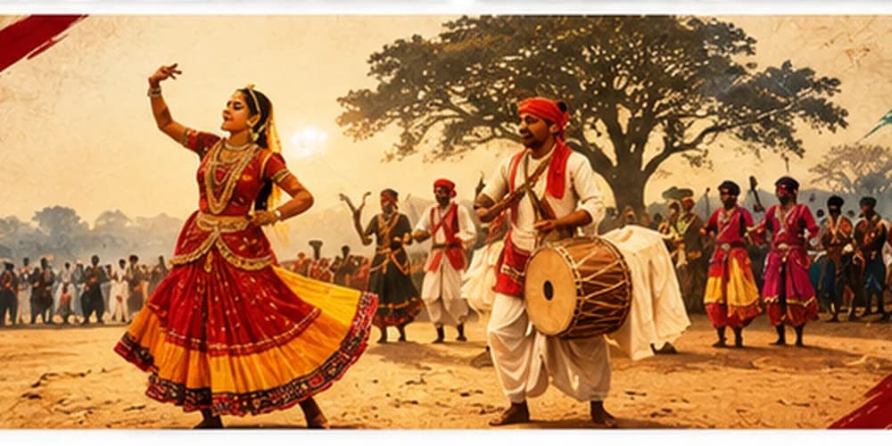 Folk dancers and musicians performing outdoors in traditional dress. / पारंपरिक वेशभूषा में खुले में प्रस्तुति देते लोक नर्तक और संगीतकार।