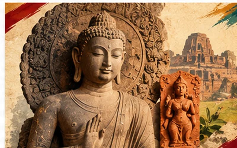 Gupta-era Buddha sculpture and terracotta figures. / गुप्तकालीन बुद्ध प्रतिमा और टेराकोटा आकृतियाँ।
