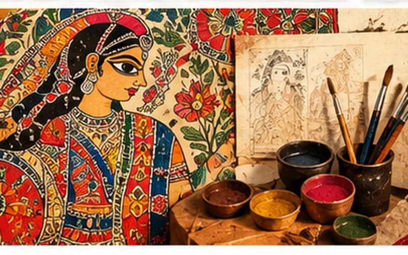 A colourful Mithila-style painting beside brushes and natural pigments. / कूचियों और प्राकृतिक रंगों के पास रंगीन मिथिला शैली का चित्र।