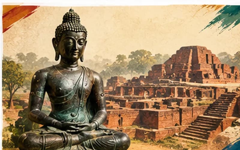 A Pala-period bronze figure, illustrated manuscript and carved stone sculpture. / पालकालीन कांस्य प्रतिमा, चित्रित पांडुलिपि और तराशी गई पाषाण मूर्ति।