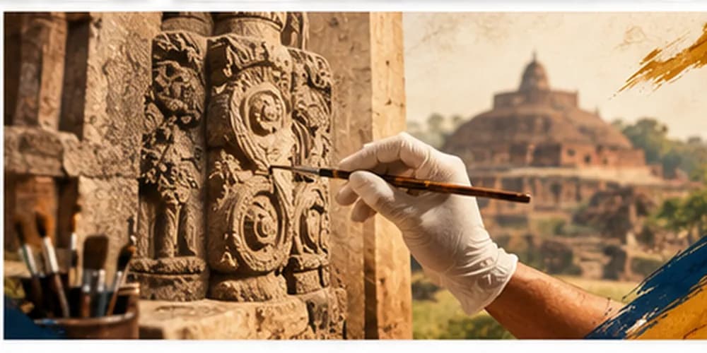 A conservator carefully restoring carved stone relief at a historic site. / एक ऐतिहासिक स्थल पर तराशे गए पाषाण उभार का सावधानी से जीर्णोद्धार करता संरक्षक।