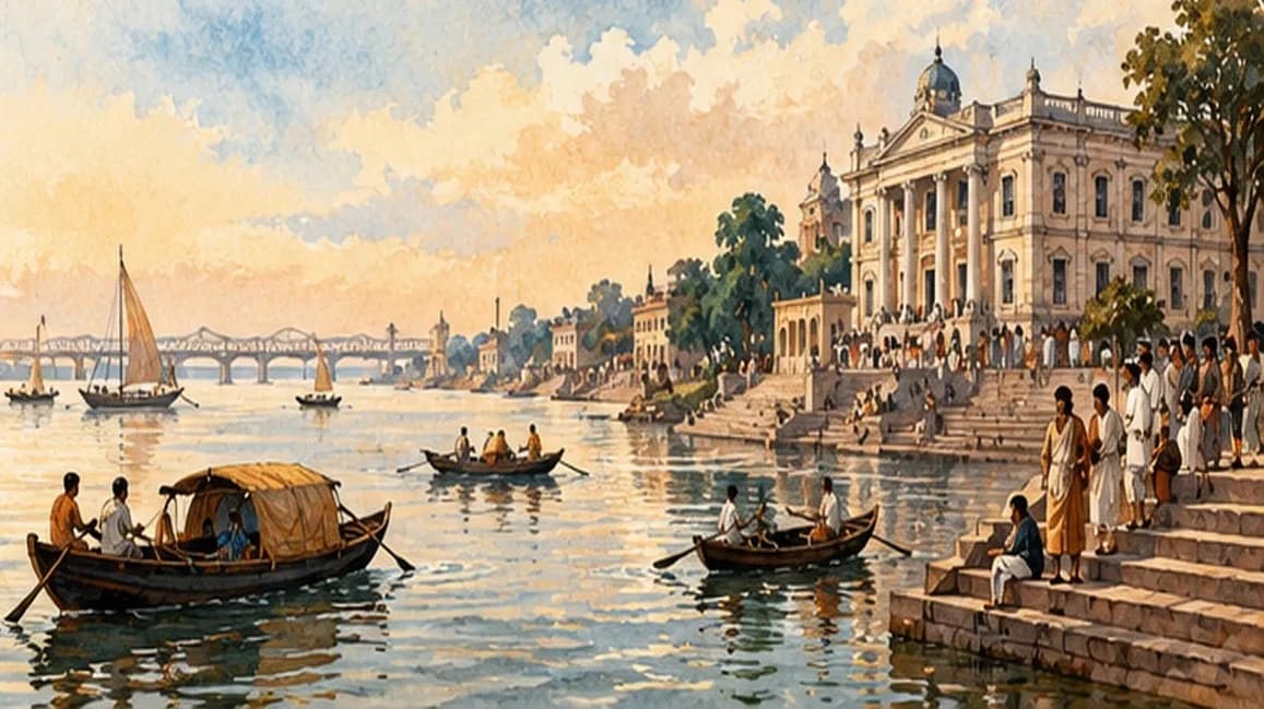 Illustration of early 20th-century Patna: the Ganga riverfront with boats, colonial buildings and a gathering outside a public hall