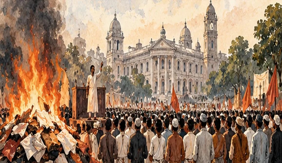 Illustration of a 1905 protest meeting in Calcutta, a crowd gathered before a speaker with a bonfire of foreign cloth in the foreground