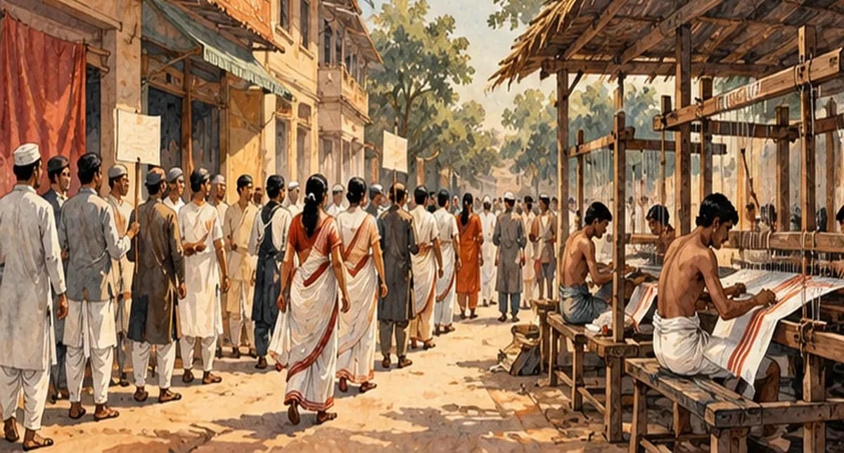 Illustration of a 1905 swadeshi street scene: students picketing a cloth shop, women in a procession and handloom weavers at work