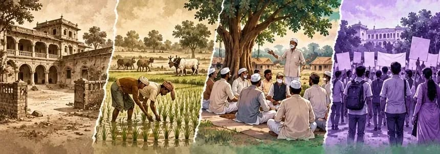 A sequence of scenes in a Bihar village: a zamindar’s haveli, farmers in the fields, men in white caps at a 1930s meeting, and students marching