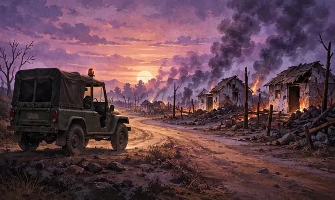 A lonely police jeep on a dusty village road at dusk, with burnt haystacks and empty huts in the distance, sombre and quiet