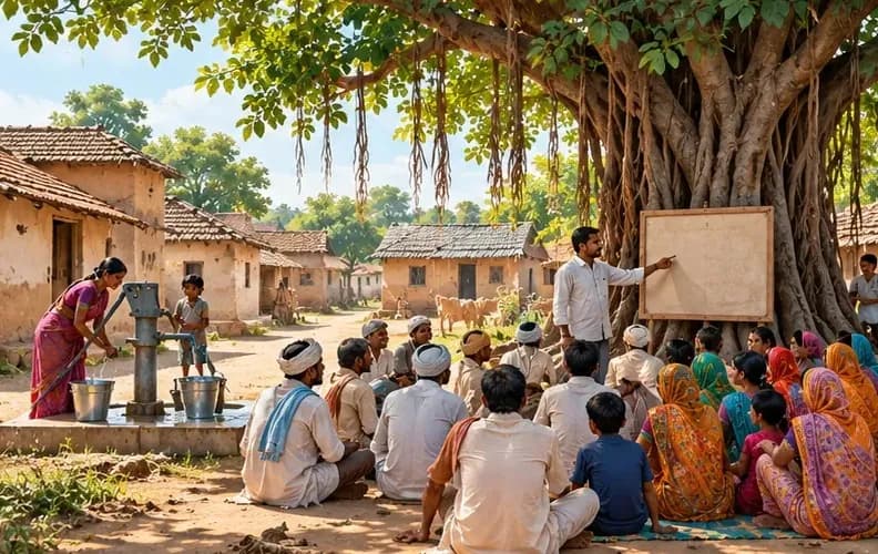 A Bihar village with mud houses, a hand pump and a government notice board under a banyan tree