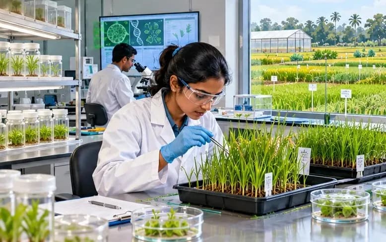 Illustration of a biotechnology lab beside an experimental crop field, with a scientist examining seedlings and a DNA double helix motif