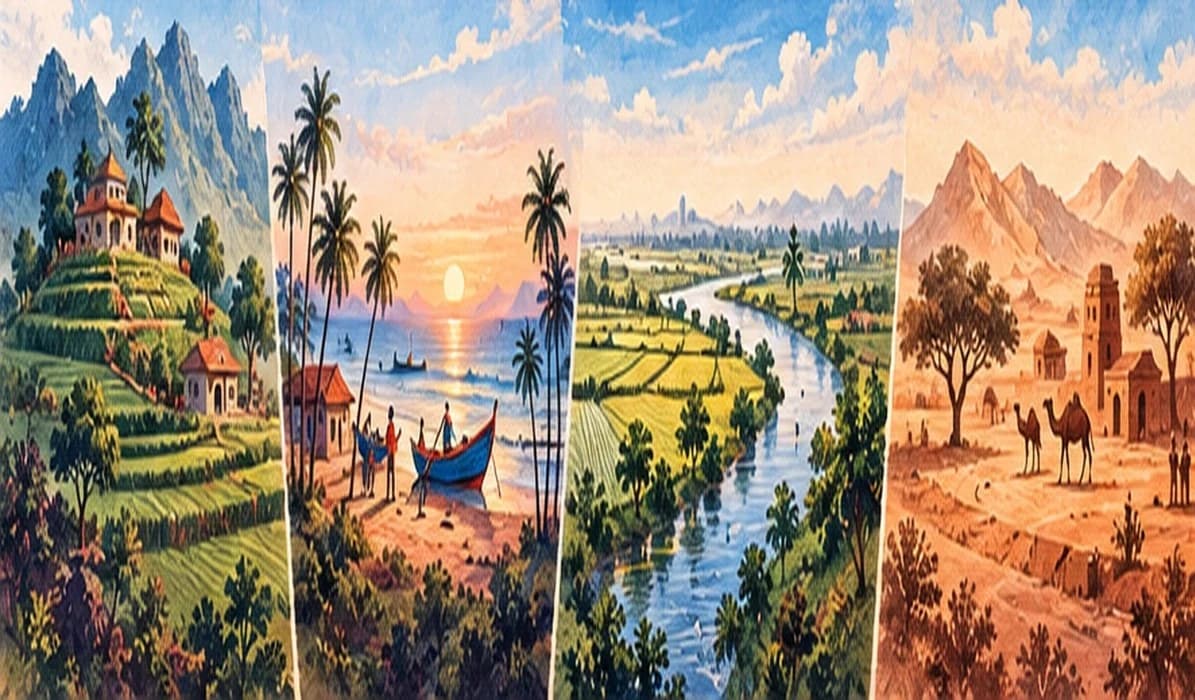 A cluster of distinct regional buildings and fields, each lit by its own lamp, under a wide open sky
