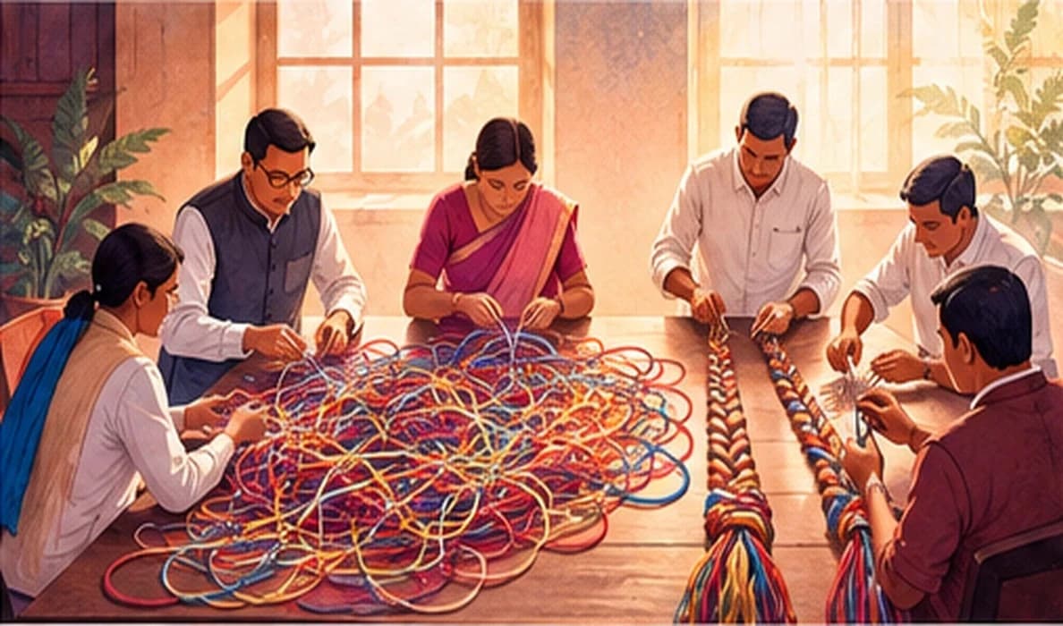 Officials at a long table sorting a tangle of coloured threads into a few neat, strong ropes