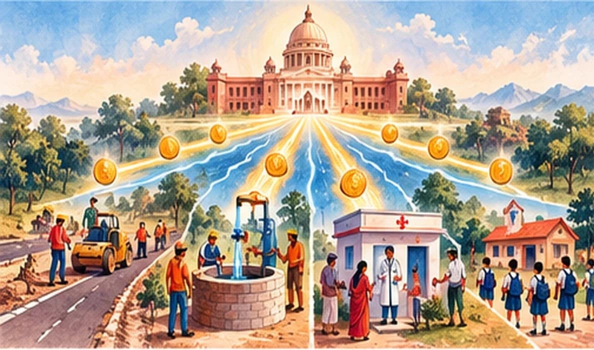 Funds flowing from a central treasury building through channels into many village projects run by state officials