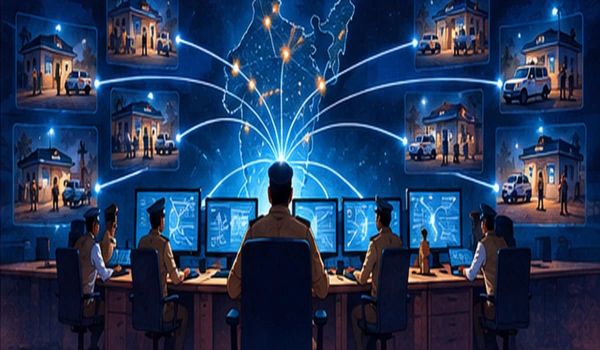 A central command room with screens connected by lines to many local police stations across a dark map