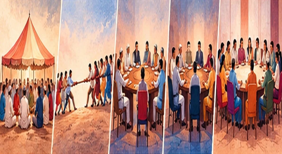 Four panels of a timeline: a single large tent, a tug of war, a round-table meeting, and a crowded coalition table