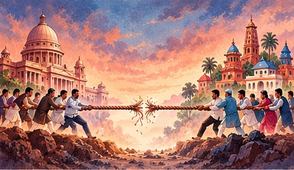 A rope stretched taut between a large central building and a group of state buildings, with people pulling on both sides