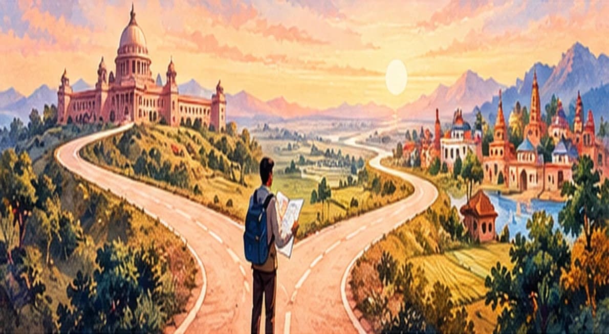 A wide road splitting into two directions, one towards a single tall central tower and one towards many regional towns
