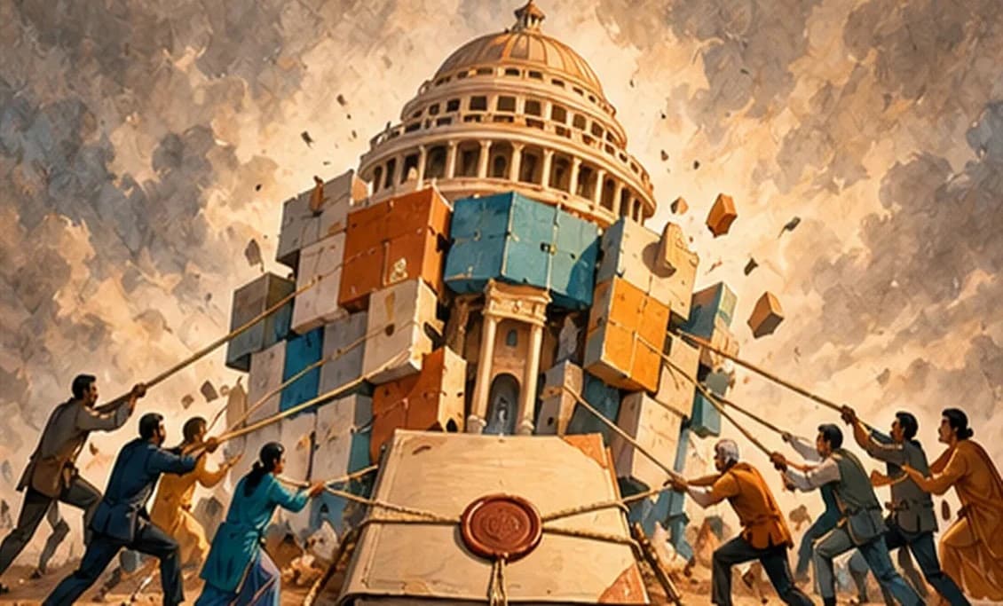 A government building made of mismatched blocks, with several figures pulling ropes in different directions so that it tilts