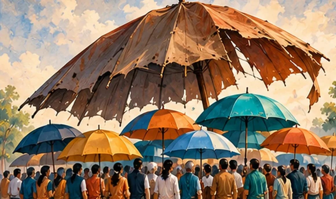 A single great umbrella slowly folding while many smaller coloured umbrellas open beneath it