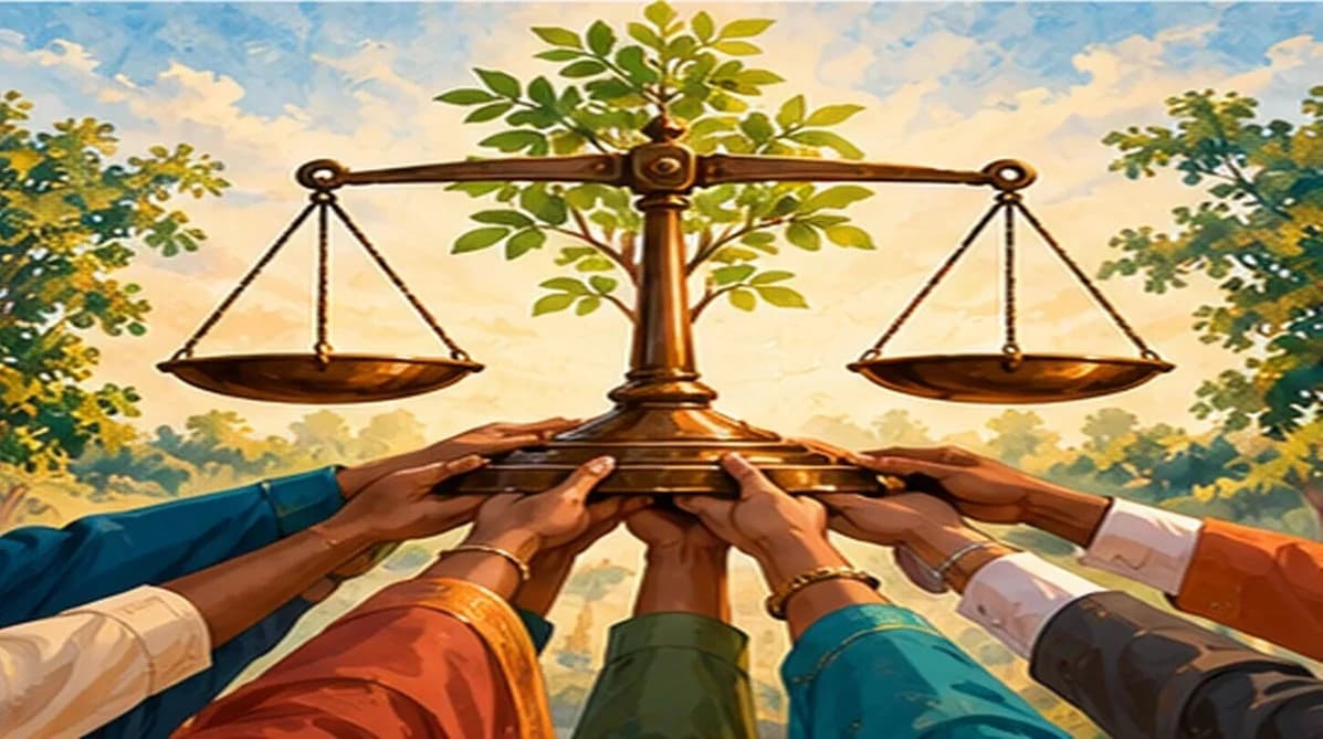 A balanced scale held steady by many hands of different colours, with a growing tree in the background