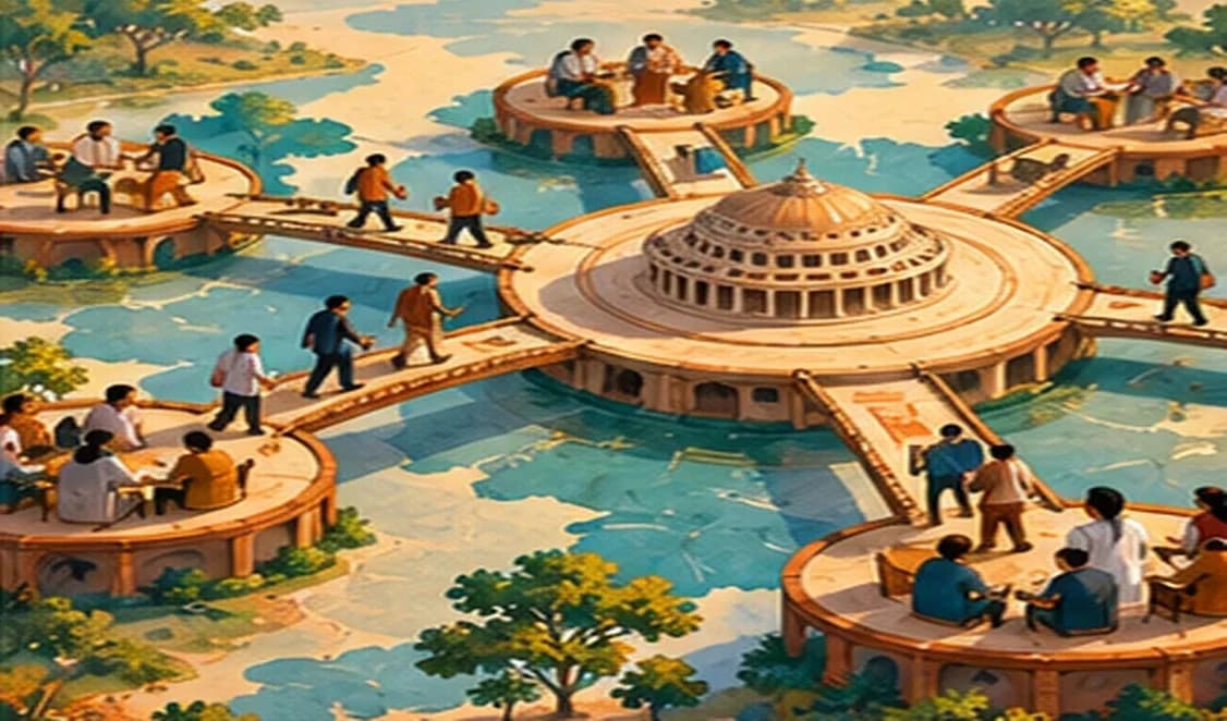 A central round table linked by bridges to many smaller state tables around it, with people walking across the bridges both ways