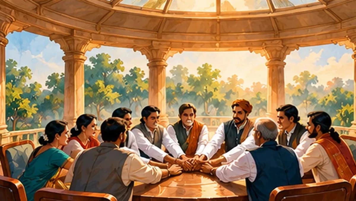 Leaders in differently coloured stoles joining hands around one round table under a single shared roof