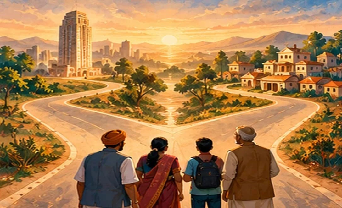 A road forking ahead at dawn, one path to a single tall tower and the other to a cluster of connected houses, with voters looking at both