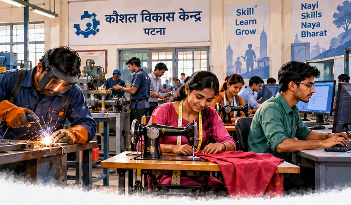 Young men and women at a skill training centre in Patna, learning welding, tailoring and computers