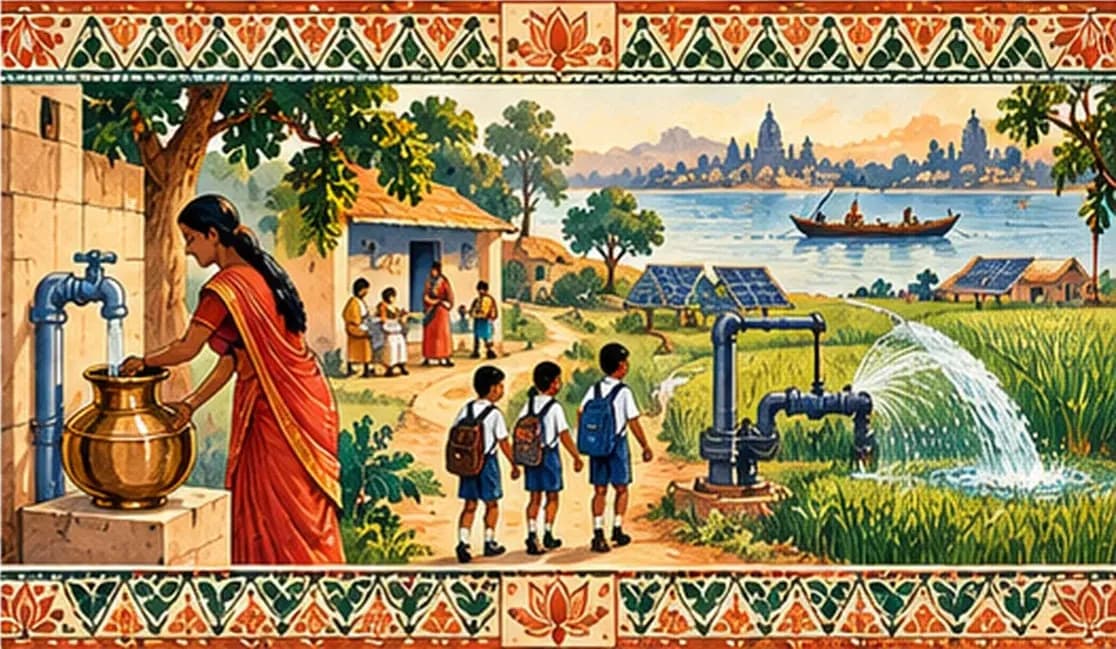 A Bihar village scene with a tap delivering clean water, a solar irrigation pump in green fields, and children walking to school