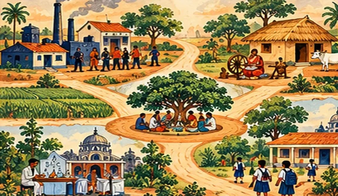 Three paths leading from one village square: towards a factory, towards a spinning wheel and cottage, and towards a modern school and laboratory
