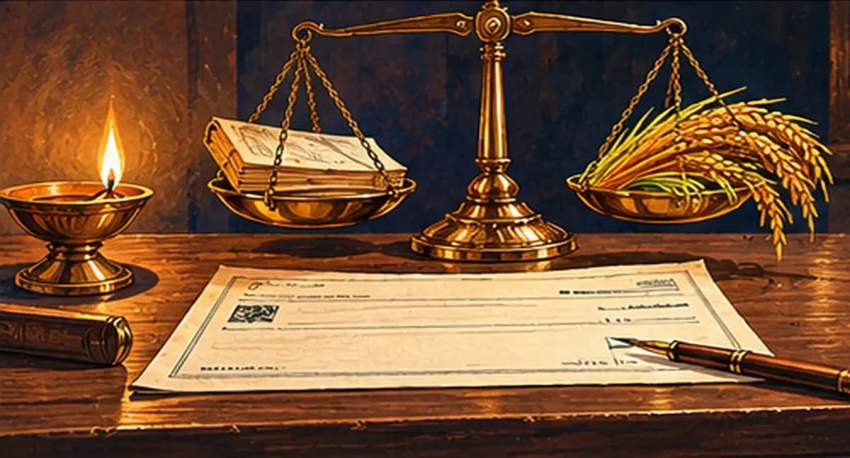 An oversized antique bank cheque on a desk beside a lit oil lamp, symbolising promises waiting to be honoured