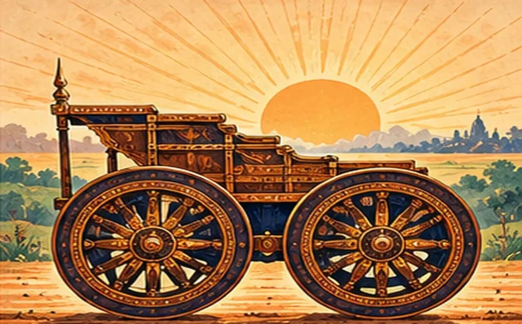 An ancient Indian chariot seen from the side, its two great spoked wheels equal in size and joined by one axle