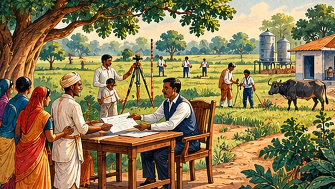 Landless farmers receiving land papers under a village tree while fields are measured in the background