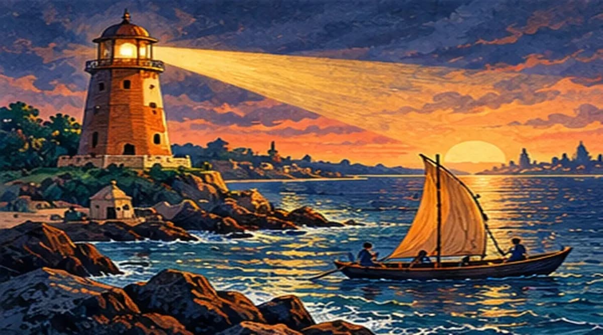 A lighthouse on a rocky shore casting a warm beam that guides a ship across the water at dusk