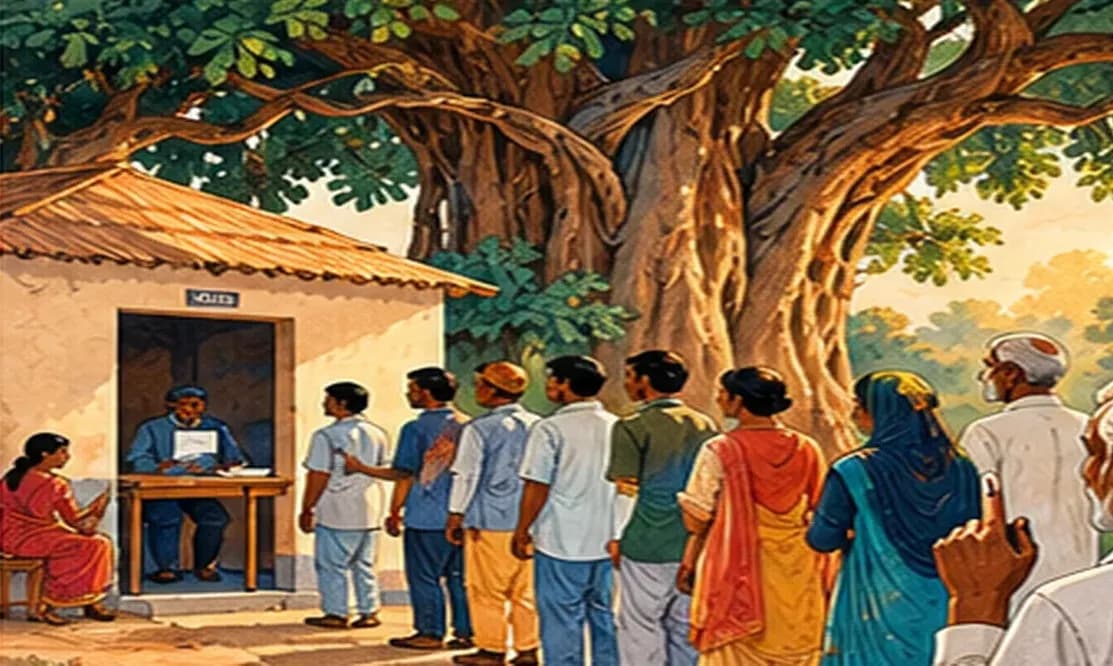 Citizens queuing outside a village polling booth under a banyan tree, ink-marked fingers raised