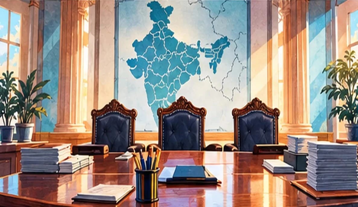 A stately commission building with a long boardroom table and three chairs at its head, election maps on the walls