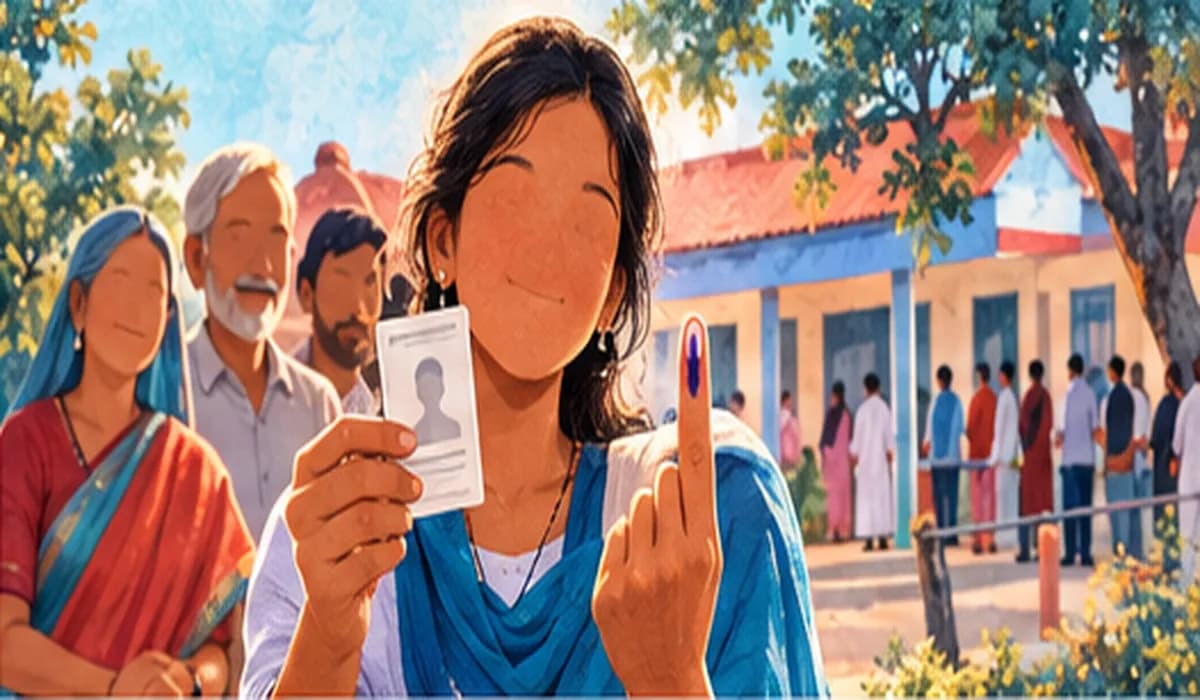 A young first-time voter holding up a voter identity card outside a polling station, smiling