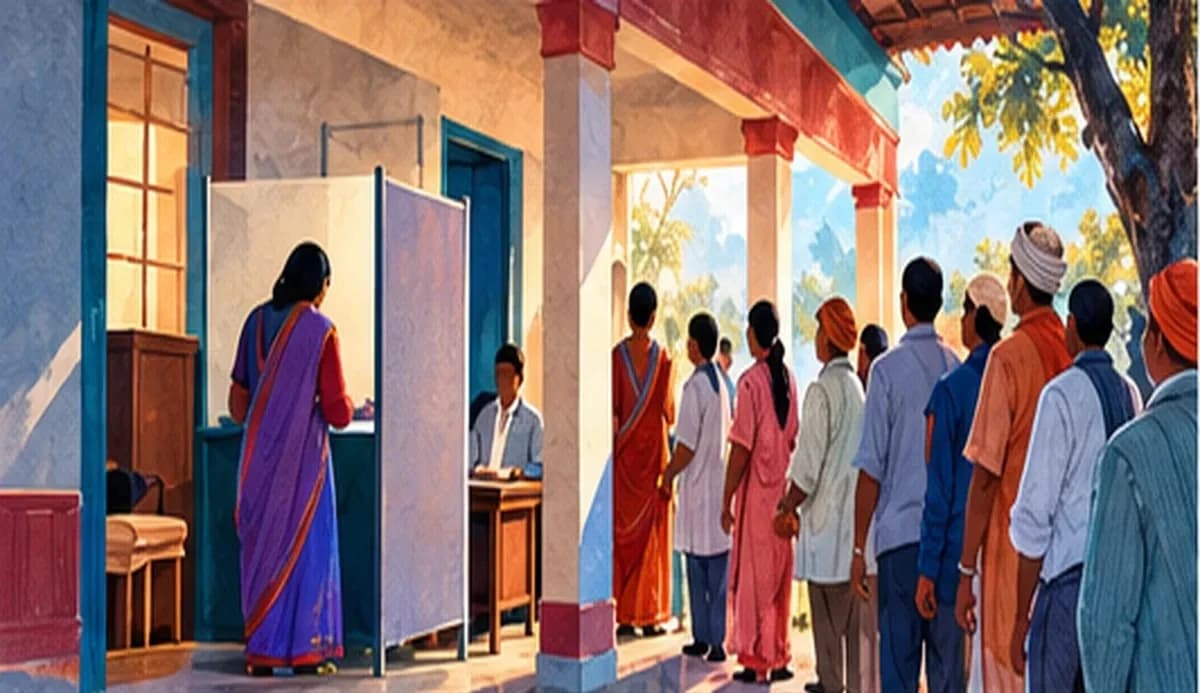 Voters of all ages and backgrounds queueing calmly outside a village polling station, one showing an inked finger