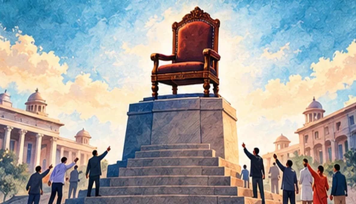 A commissioner's chair placed on a sturdy stone plinth, with government buildings in the distance unable to reach it