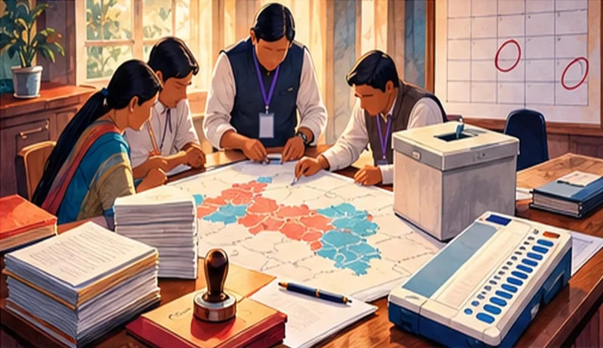Election officials planning on a large map of constituencies, with ballot boxes, voter rolls and party symbols arranged on a table