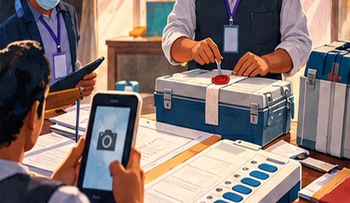 An election observer watching a polling booth with an EVM and VVPAT unit, while officials seal a ballot unit