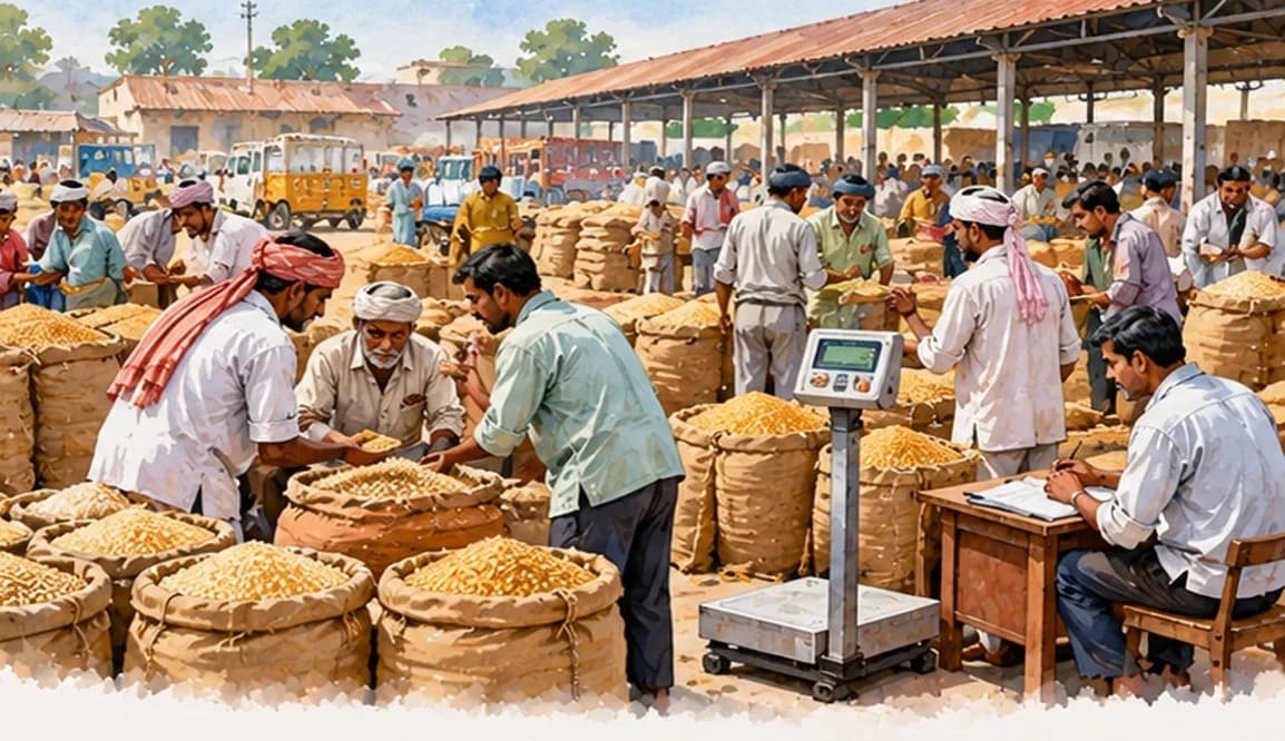 A busy grain mandi with sacks, a weighing scale and farmers bargaining with traders