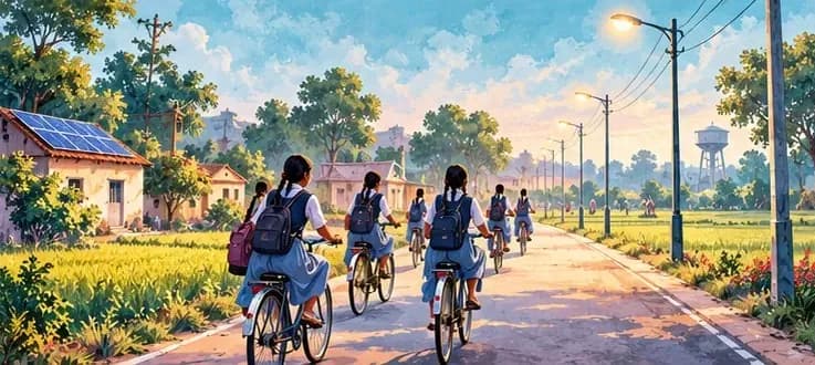 Schoolgirls in uniform cycling along a new rural road under working streetlights, with power lines and green fields behind