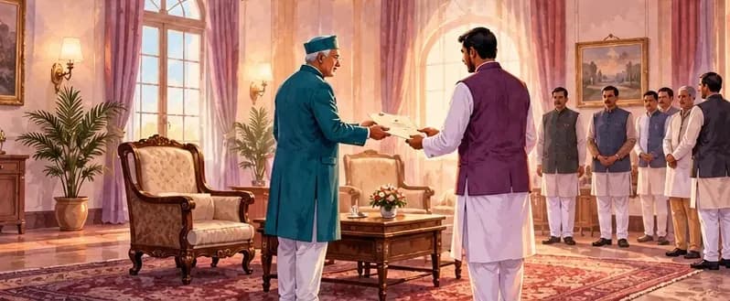 A newly elected legislature party leader receiving a letter of invitation from the Governor in a Raj Bhavan reception room