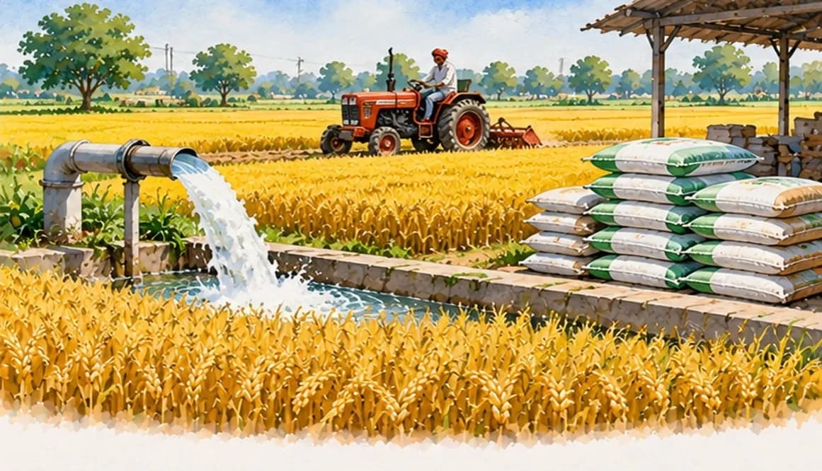 Golden wheat fields in Punjab with a tubewell, a tractor and stacked fertiliser bags