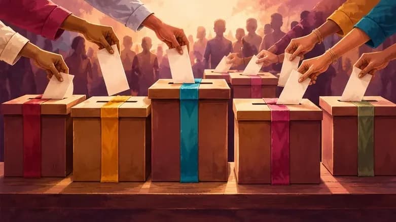 A row of ballot boxes each tied with a different coloured ribbon, with campaign hands reaching towards them