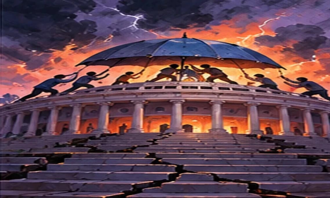 Storm clouds gathering over a parliament dome, with cracks along the steps leading up to it