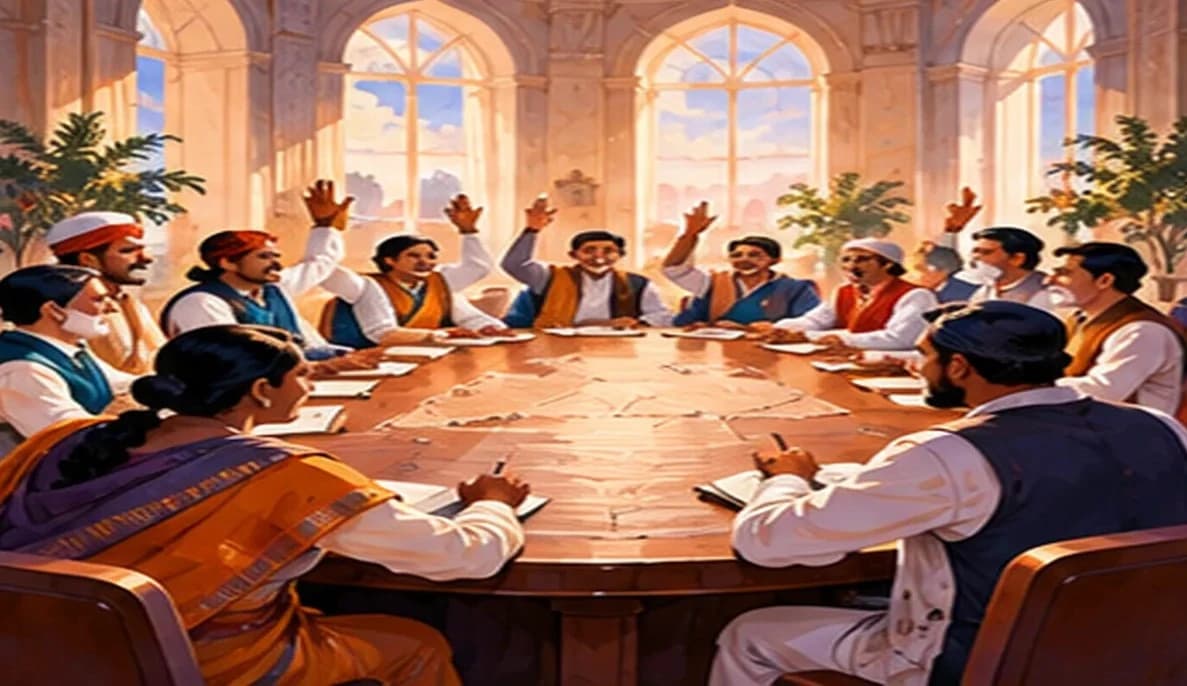 Leaders of rival groups, in differently coloured stoles, nodding in agreement over one shared document at a long table