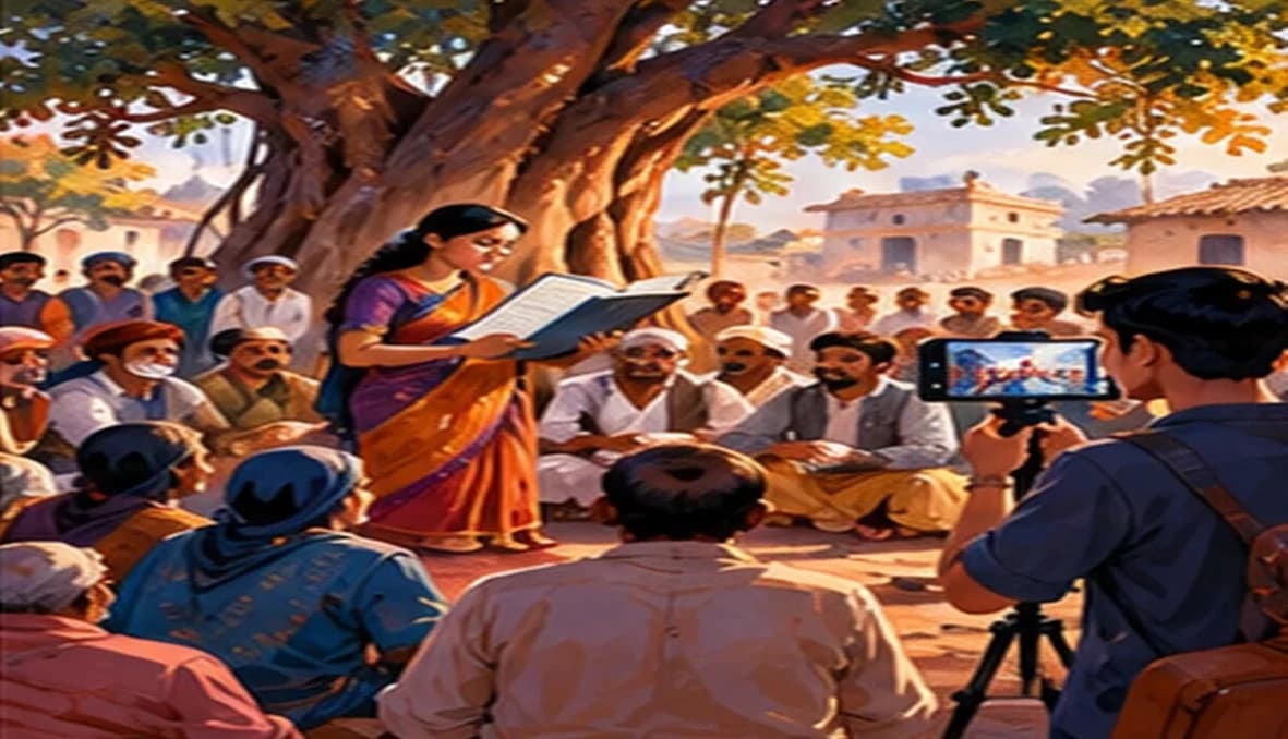 Villagers gathered under a tree at a gram sabha reading out accounts, with a volunteer holding a phone livestreaming nearby