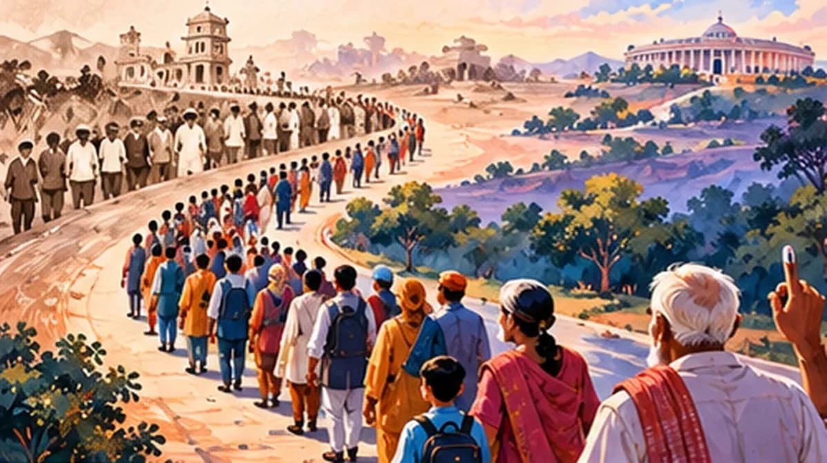 A long winding road of voters from 1952 to today, changing from black-and-white to full colour as it nears the present